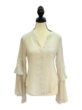 Chaser Silk Button Up Blouse XS Ivory Long Sleeve Ruffle Sleeve NWT